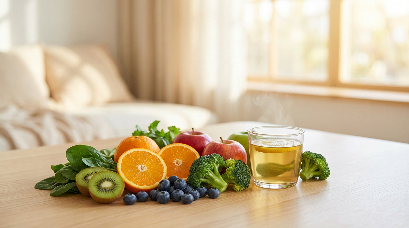 Assortiment de fruits, légumes et tisane sur une table en bois clair devant une fenêtre lumineuse.