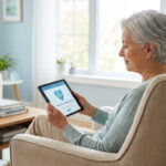 Une femme âgée assise dans un fauteuil consulte une application de santé sur sa tablette numérique.