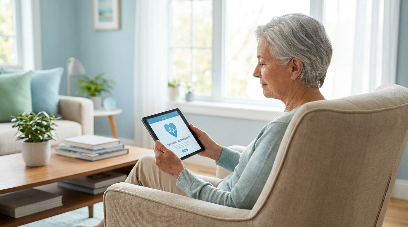 Une femme âgée assise dans un fauteuil consulte une application de santé sur sa tablette numérique.