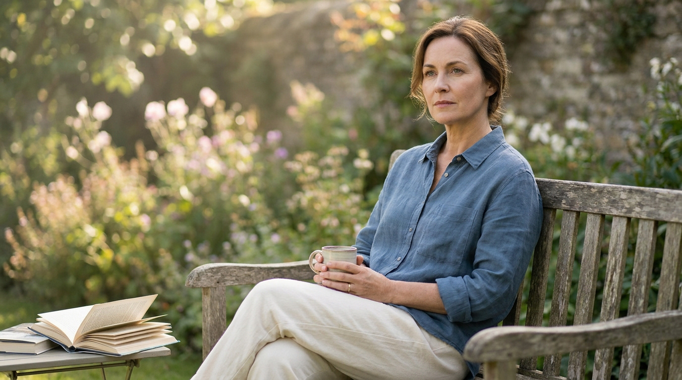Femme mûre pensive tenant une tasse de thé assise sur un banc dans un jardin ensoleillé avec un livre à côté.