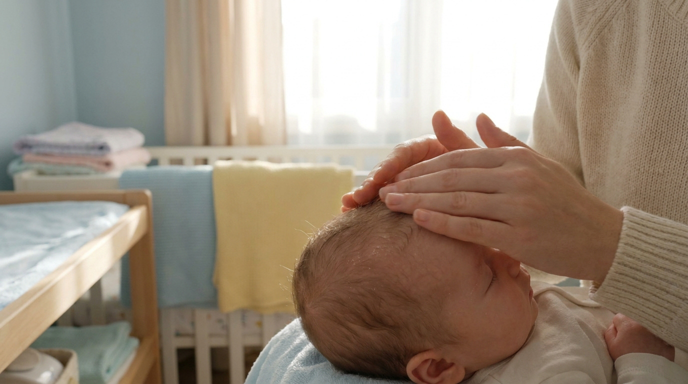 Une mère masse doucement le cuir chevelu de son bébé pour traiter ses croûtes de lait.