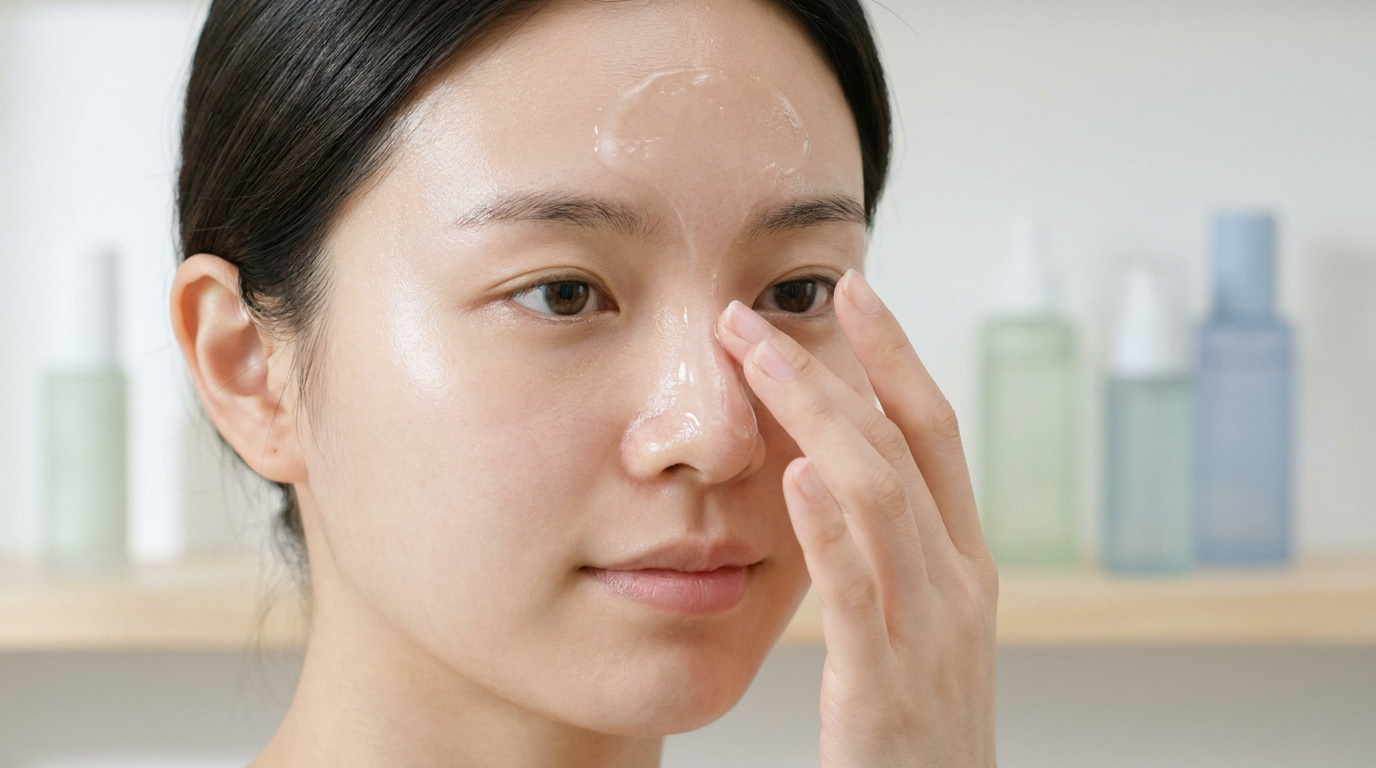 Jeune femme appliquant un gel de soin sur son nez pour traiter les points noirs.