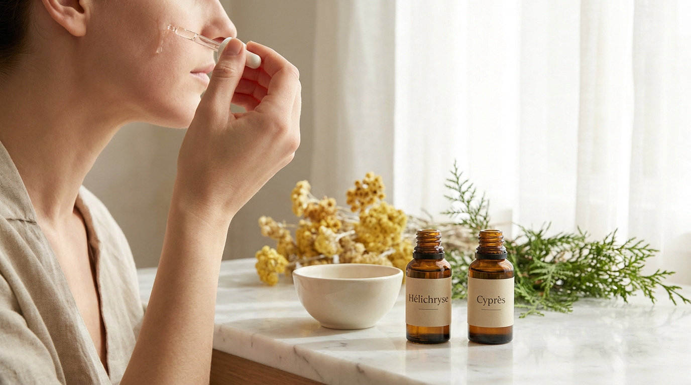 Femme appliquant une huile essentielle sur son visage près de flacons d'hélichryse et de cyprès sur une table en marbre.