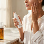 Femme appliquant une protection solaire SPF 50 non comédogène sur son visage dans une salle de bain lumineuse.