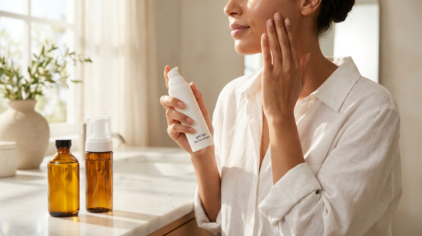 Femme appliquant une protection solaire SPF 50 non comédogène sur son visage dans une salle de bain lumineuse.