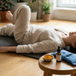 Une femme allongée sur un tapis de yoga pratiquant un étirement doux, avec des huiles essentielles à côté.