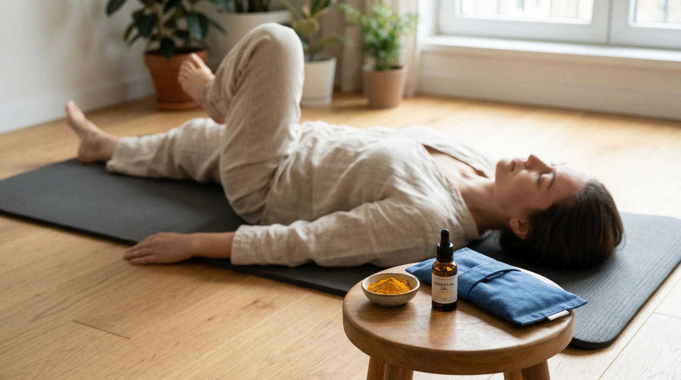 Une femme allongée sur un tapis de yoga pratiquant un étirement doux, avec des huiles essentielles à côté.