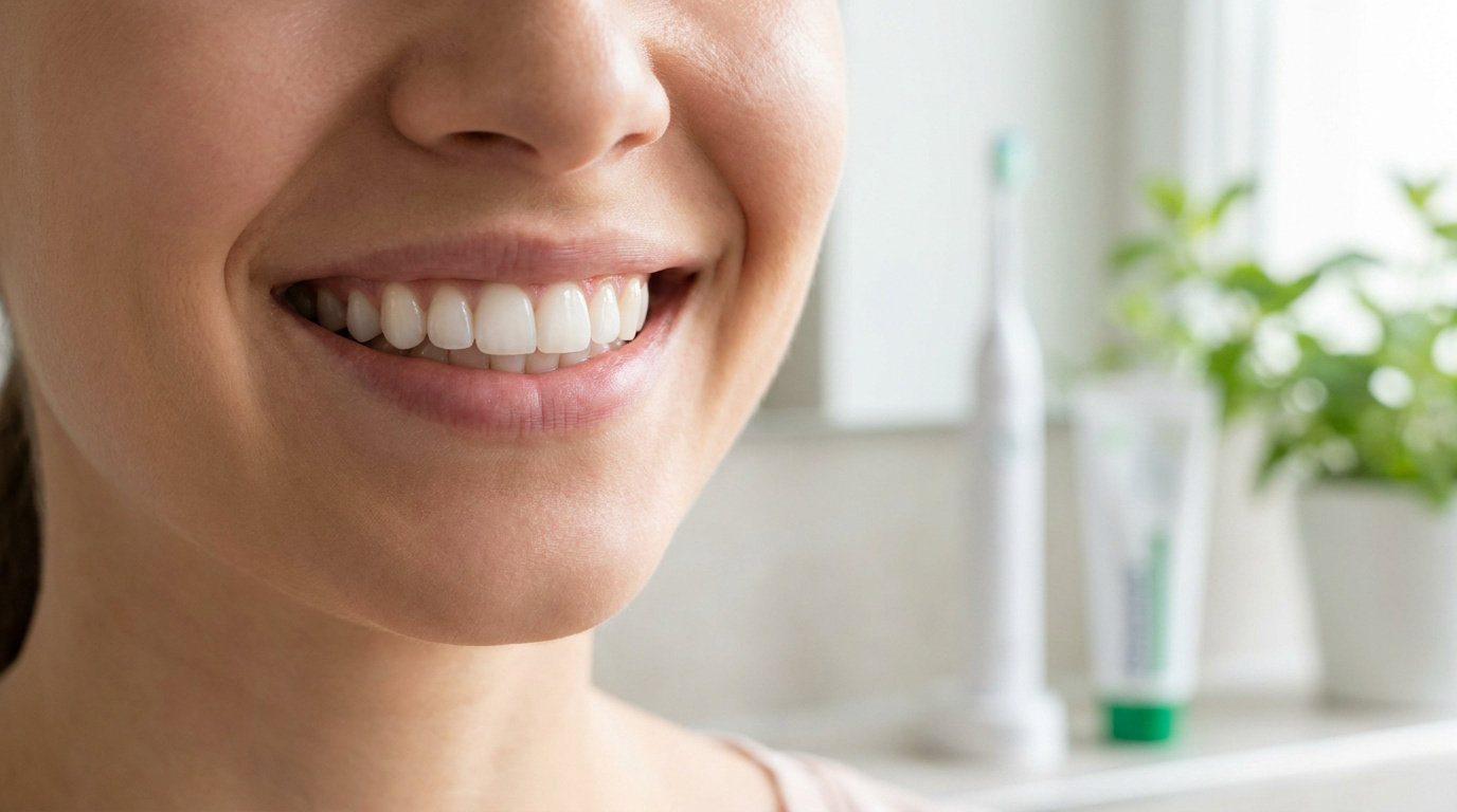 Gros plan sur le sourire d'une femme avec une brosse à dents et du dentifrice en arrière-plan flou.