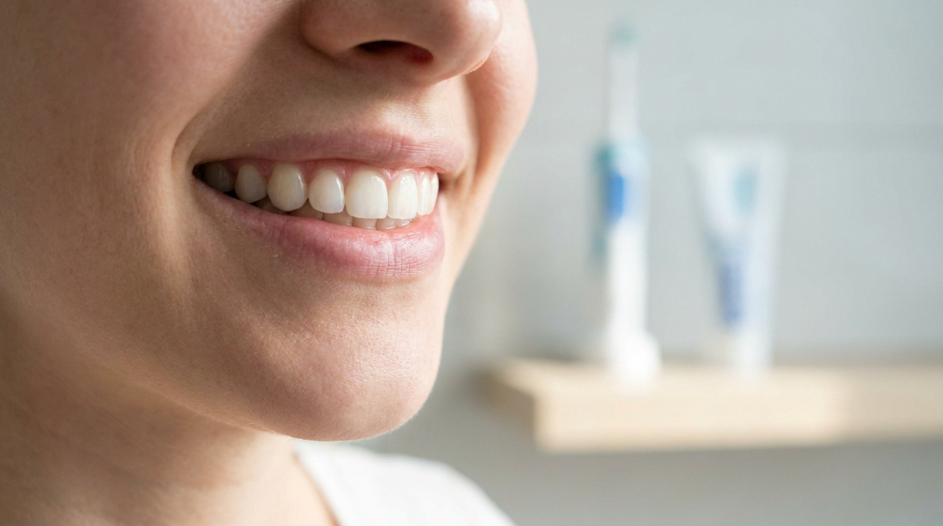 Gros plan sur le sourire d'une personne avec une brosse à dents et du dentifrice flous en arrière-plan.