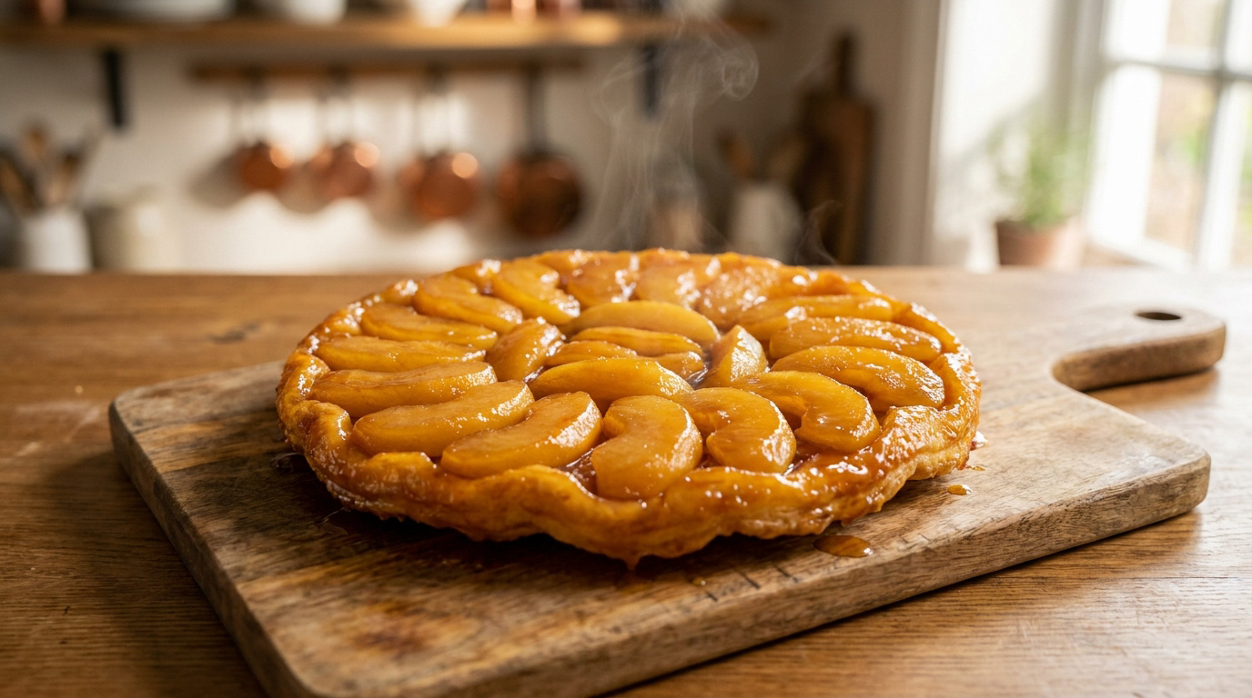 Une tarte Tatin chaude et fumante posée sur une planche en bois dans une cuisine rustique.