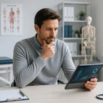 Homme reflechissant a des donnees medicales sur une tablette