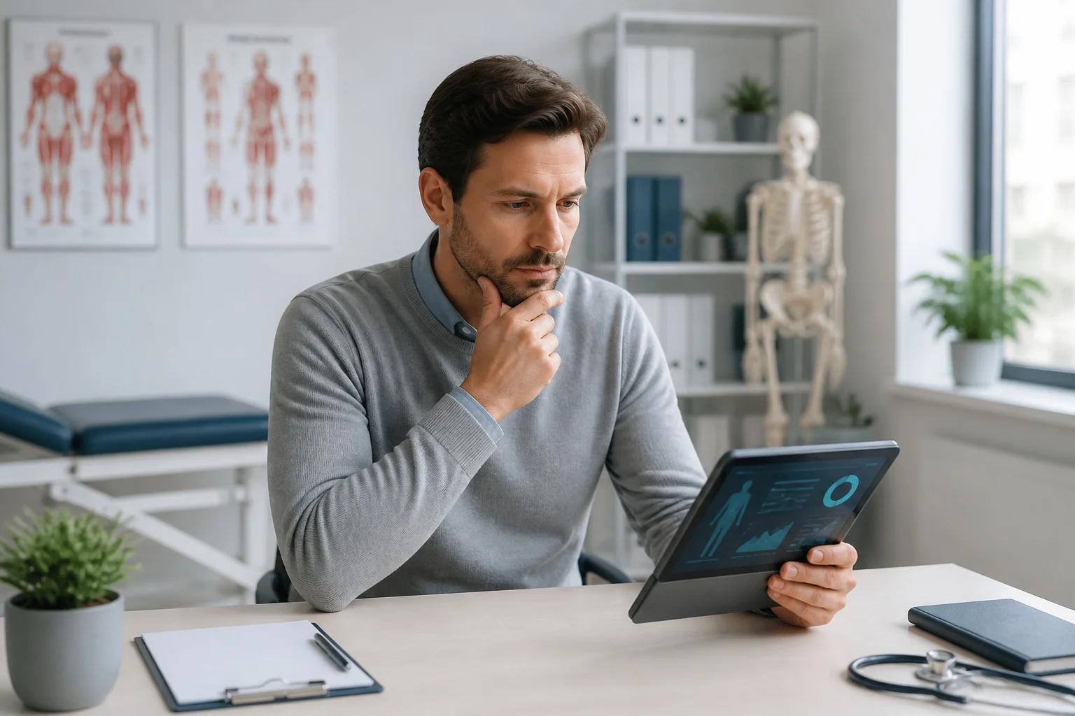 Homme reflechissant a des donnees medicales sur une tablette