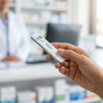 Main tenant un kit de test rapide dans une pharmacie avec un professionnel de santé en arrière-plan flou.
