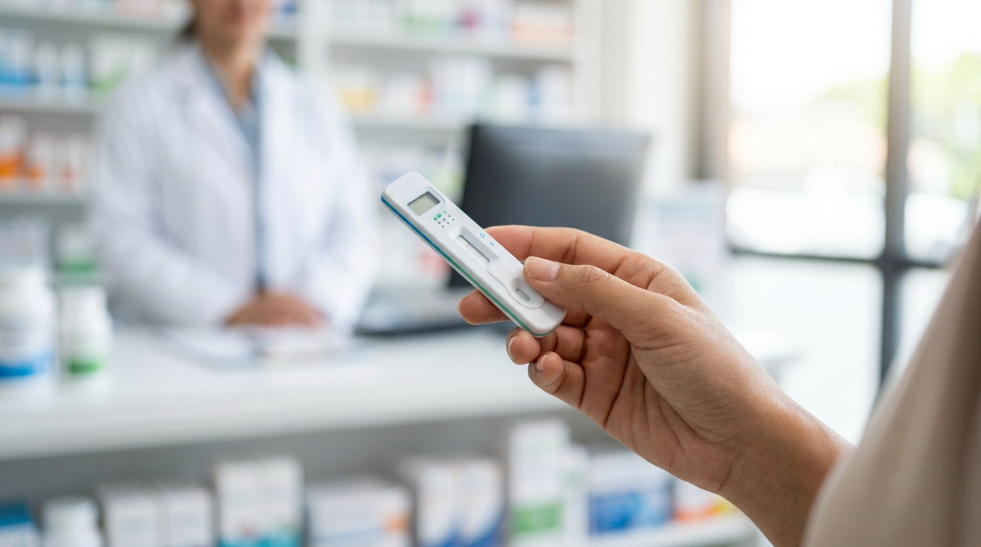 Main tenant un kit de test rapide dans une pharmacie avec un professionnel de santé en arrière-plan flou.