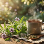 Tasse de tisane à la verveine fumante avec des fleurs fraîches et séchées sur une table en bois au soleil.