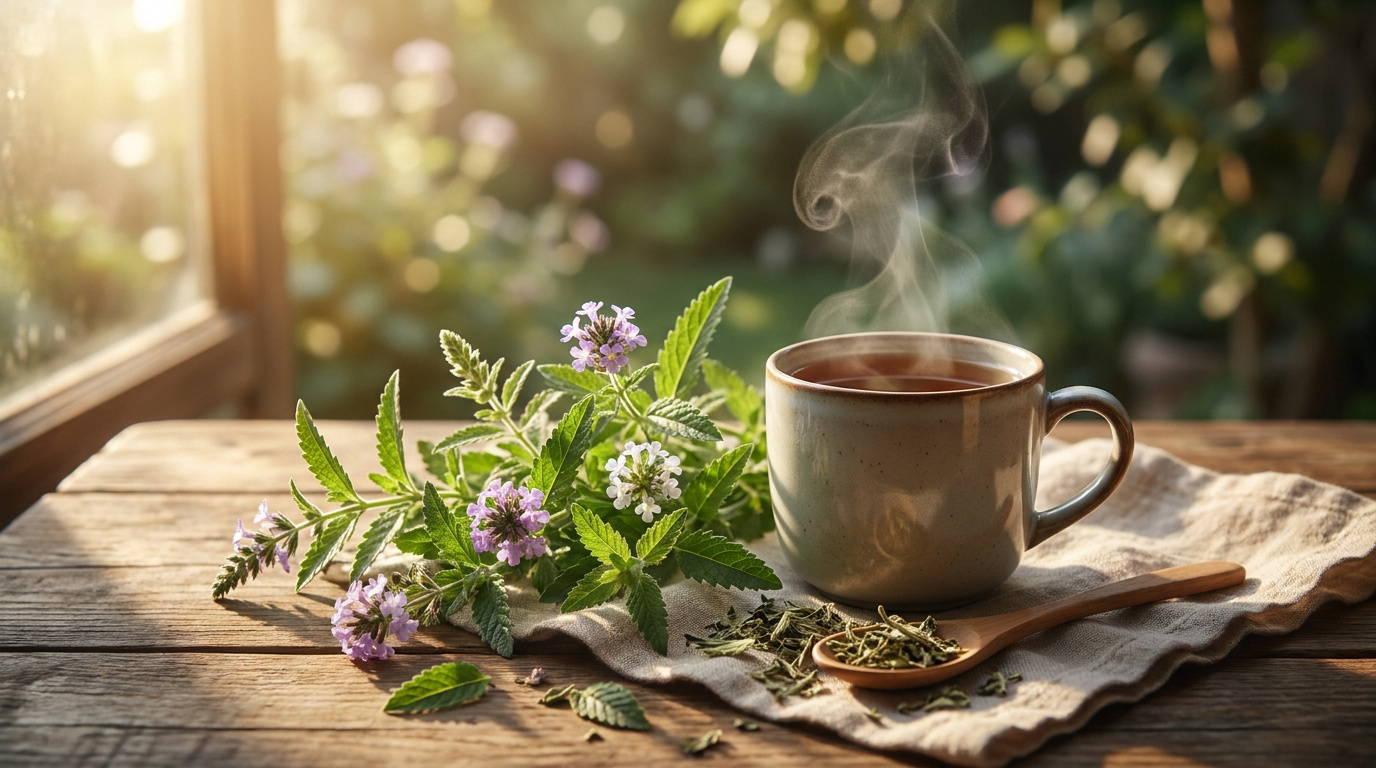 Tasse de tisane à la verveine fumante avec des fleurs fraîches et séchées sur une table en bois au soleil.