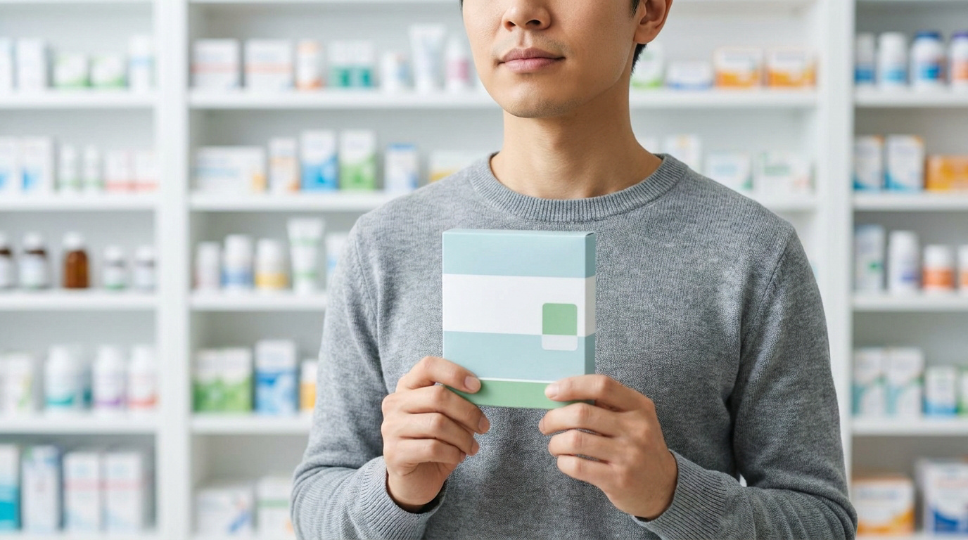 Un homme en pharmacie tenant une boîte de médicament vide pour le sevrage tabagique devant des étagères remplies.