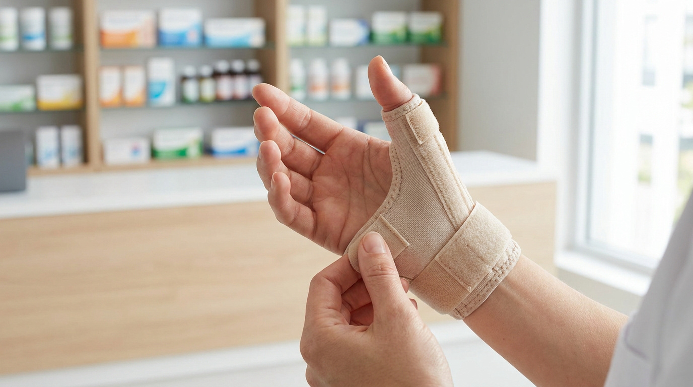 Une personne ajuste une attelle de pouce beige dans une pharmacie avec des étagères remplies de médicaments en arrière-plan.