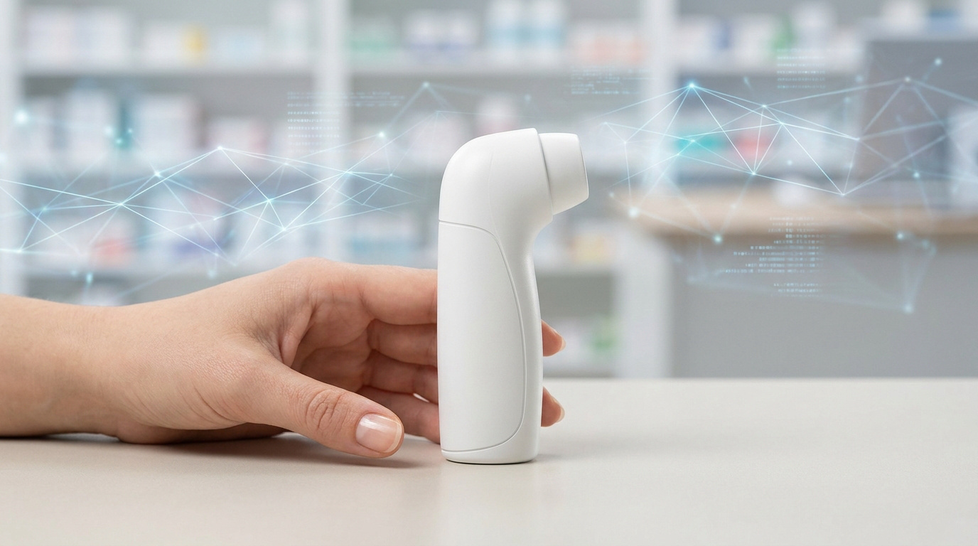 Une main tient un nébuliseur médical blanc sur un comptoir de pharmacie avec des graphismes numériques en arrière-plan.
