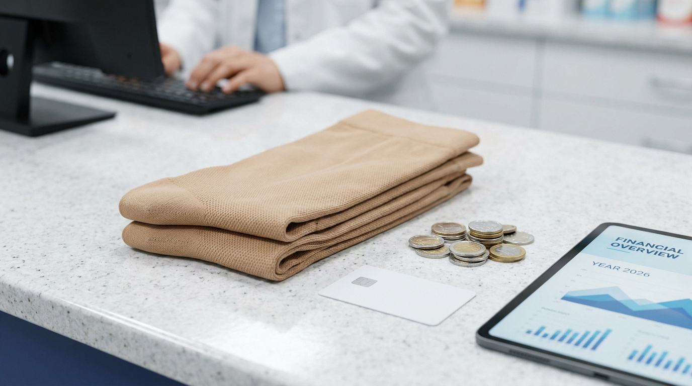 Bas de contention pliés, pièces de monnaie, carte bancaire et tablette affichant des données financières sur un comptoir.
