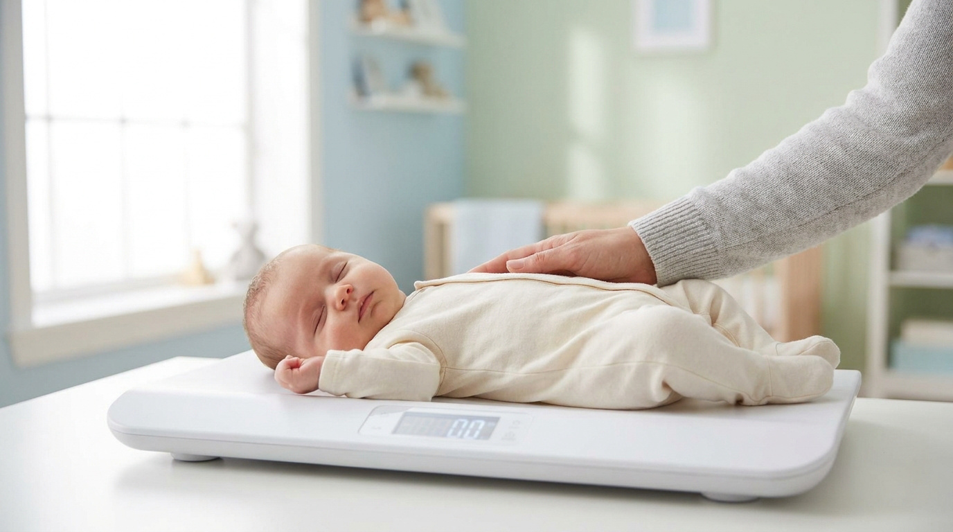 Un nourrisson endormi est allongé sur un pèse-bébé électronique blanc, avec une main d'adulte posée doucement sur lui.