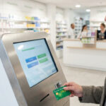 Une femme insère sa carte Vitale dans une borne interactive située dans une pharmacie.