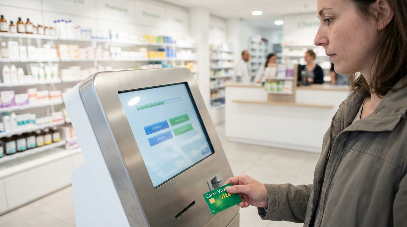 Une femme insère sa carte Vitale dans une borne interactive située dans une pharmacie.