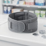 Ceinture lombaire sur un comptoir de pharmacie avec une ordonnance, une carte de santé et des jetons symbolisant le coût.