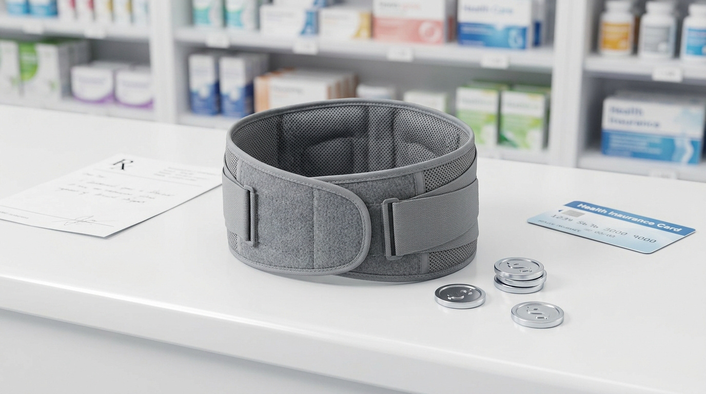Ceinture lombaire sur un comptoir de pharmacie avec une ordonnance, une carte de santé et des jetons symbolisant le coût.