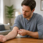 Homme examinant des taches sur sa peau