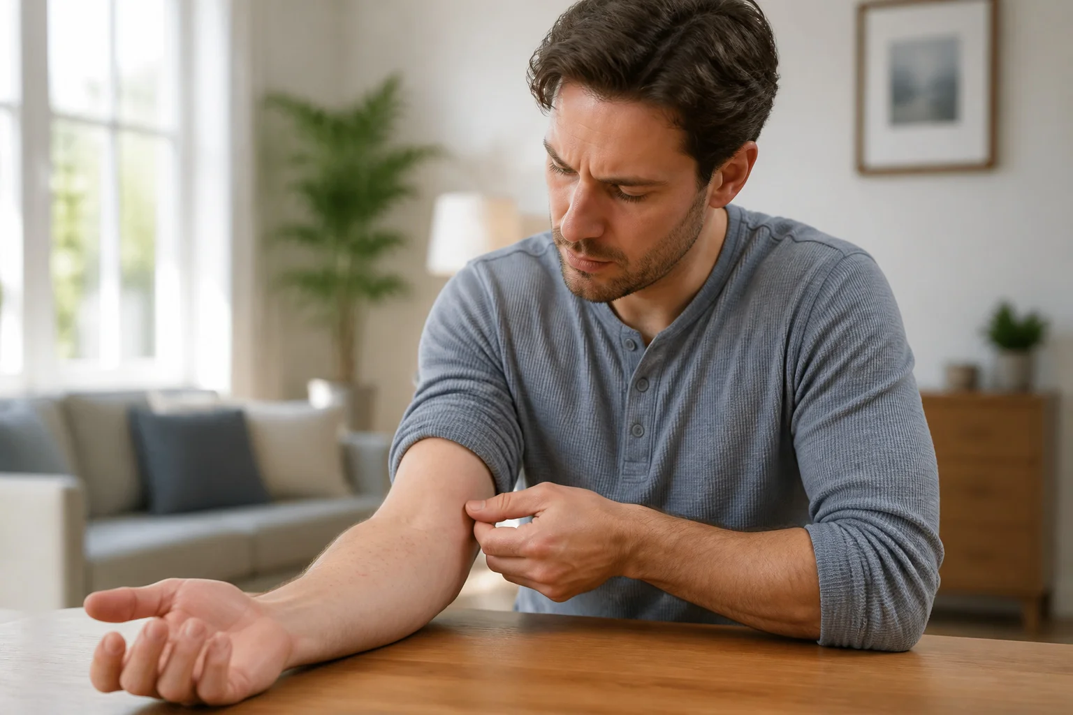 Homme examinant des taches sur sa peau