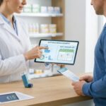 Une pharmacienne explique la gestion de l'asthme à un patient à l'aide d'une tablette numérique au comptoir.