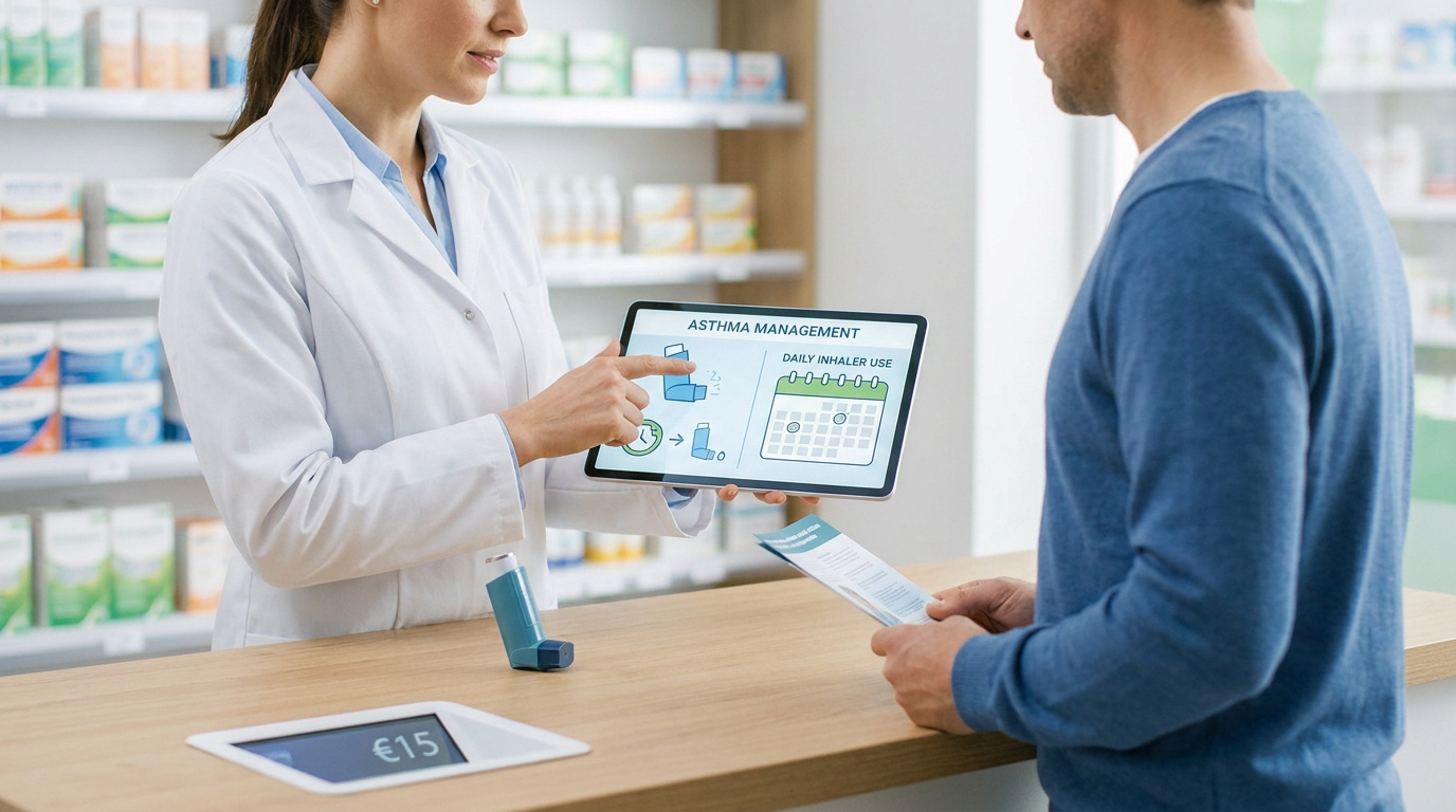Une pharmacienne explique la gestion de l'asthme à un patient à l'aide d'une tablette numérique au comptoir.