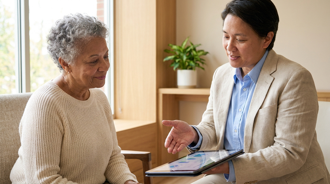 Une professionnelle de santé montre une tablette numérique à une femme âgée lors d'une consultation médicale.