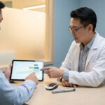 Un pharmacien montre un graphique de données sur une tablette à un patient durant une consultation sur le diabète.