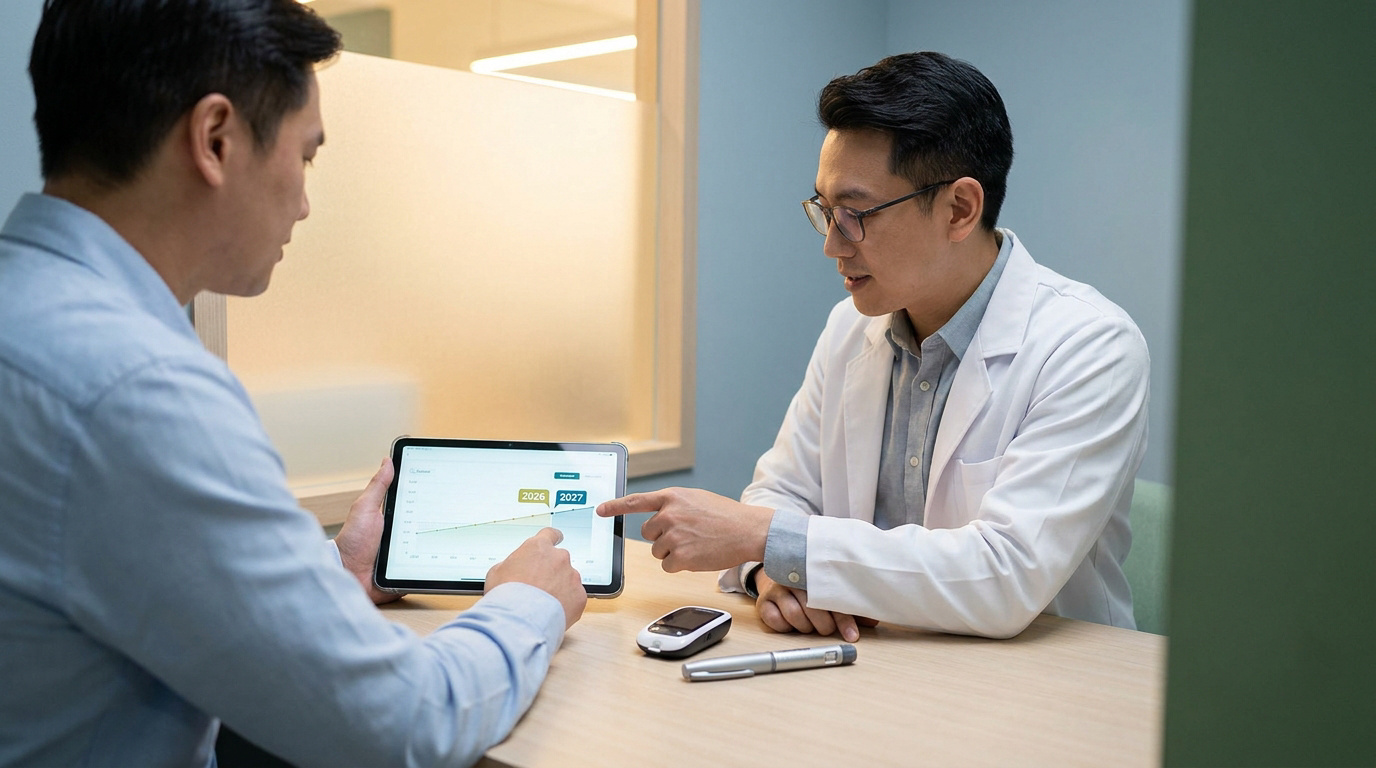 Un pharmacien montre un graphique de données sur une tablette à un patient durant une consultation sur le diabète.