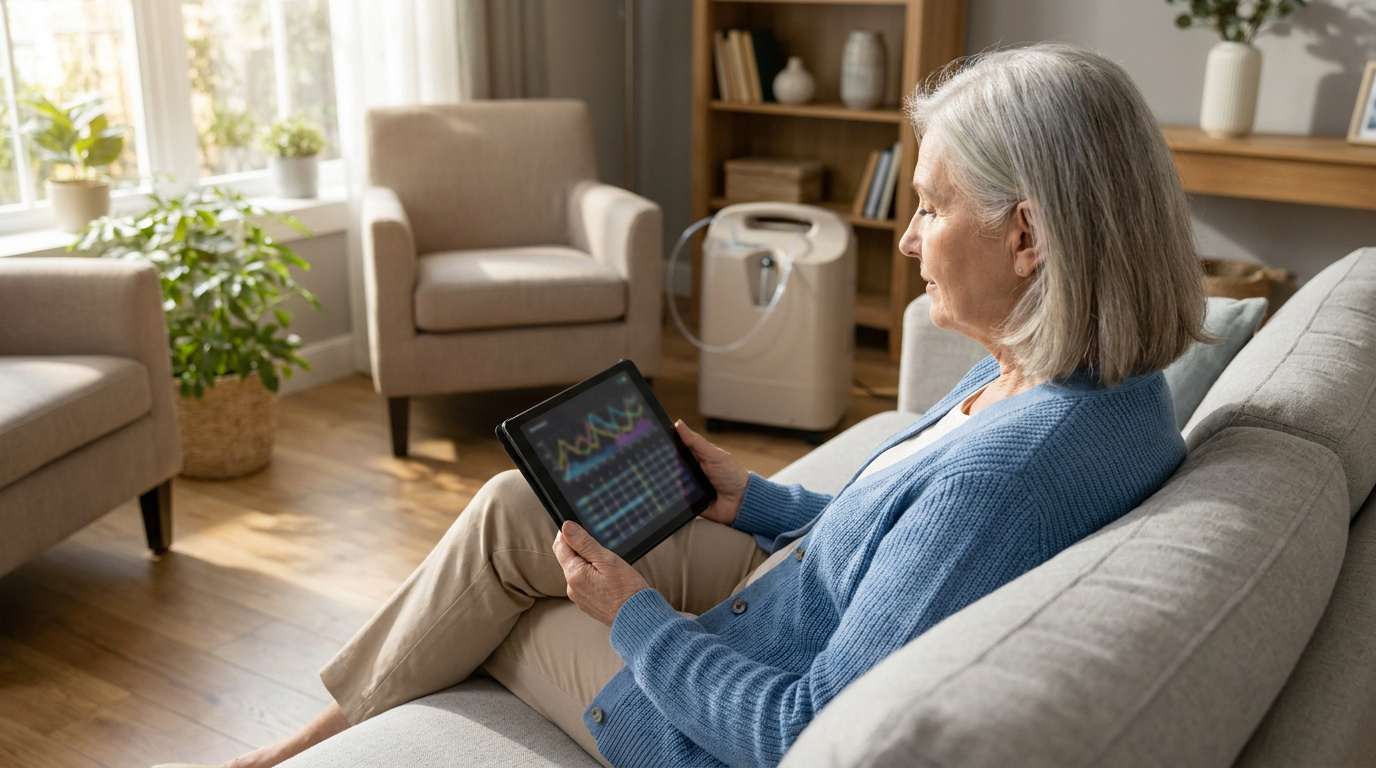 Une femme âgée assise sur un canapé consultant un graphique de santé sur une tablette avec un concentrateur d'oxygène.