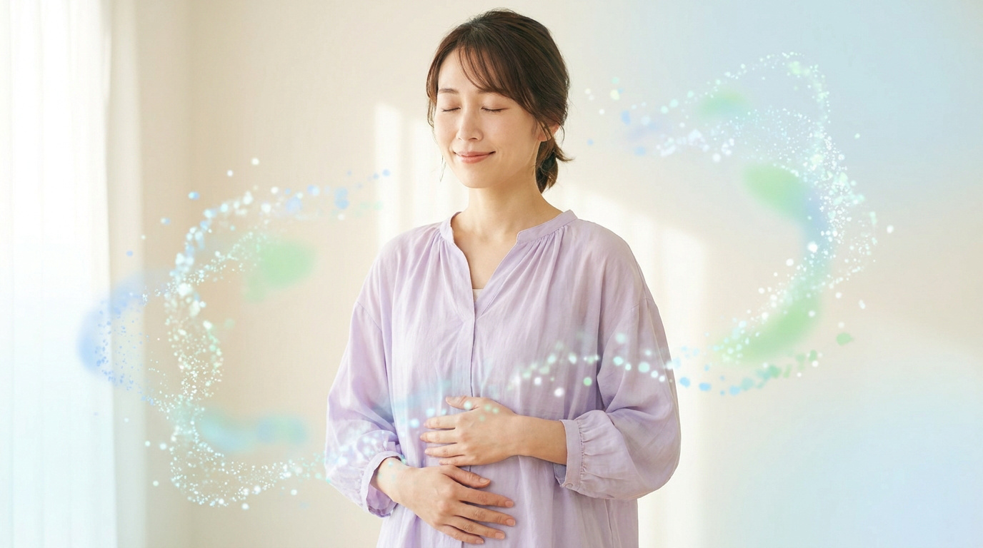 Une femme souriante, les yeux fermés, entourée de particules lumineuses symbolisant l'équilibre de sa flore intime.