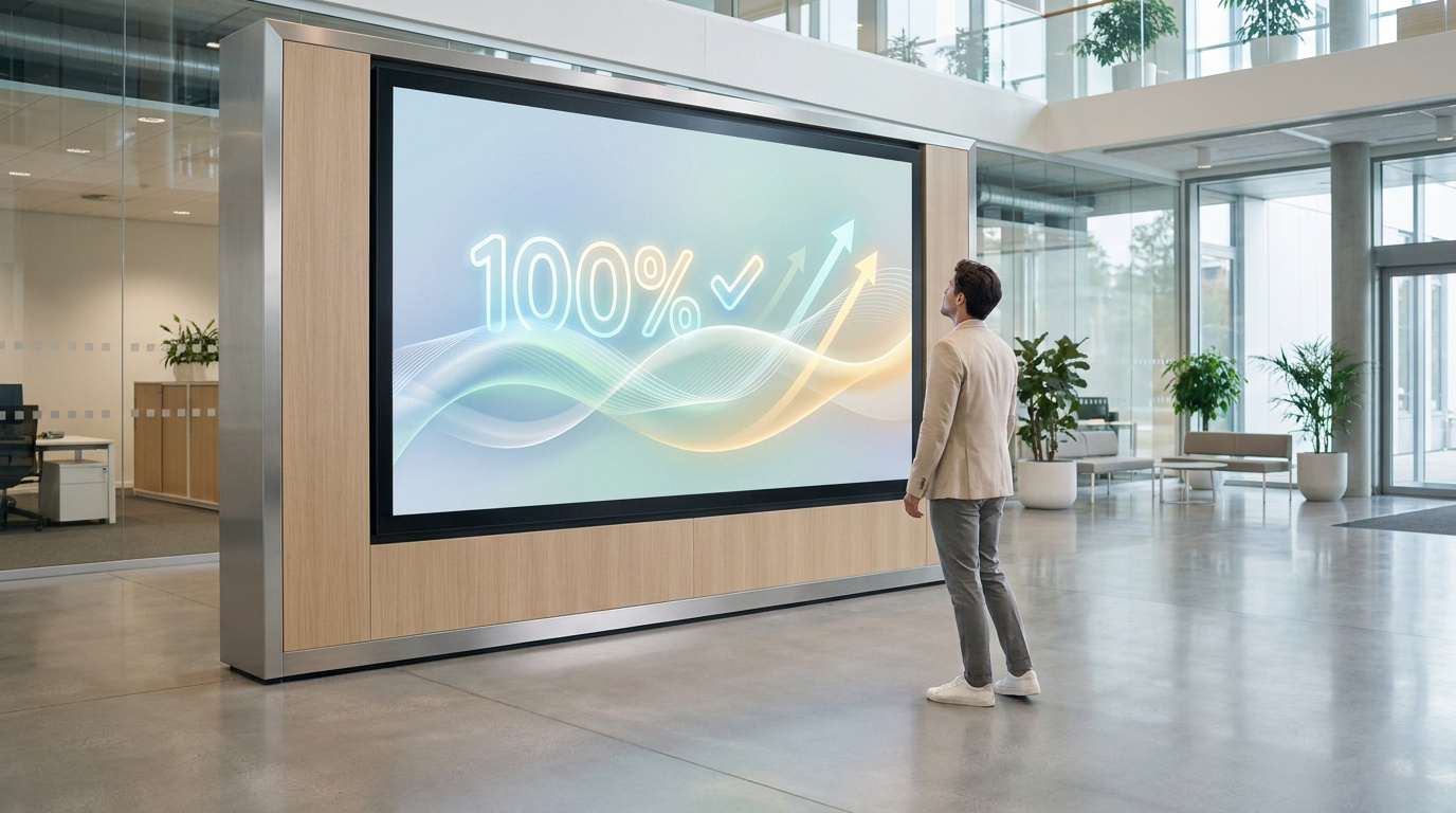 Un homme regarde un écran géant affichant "100%" avec une coche et des courbes de croissance dans un hall moderne.