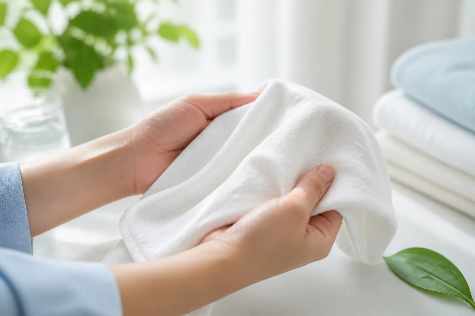 Mains tenant un tissu blanc doux