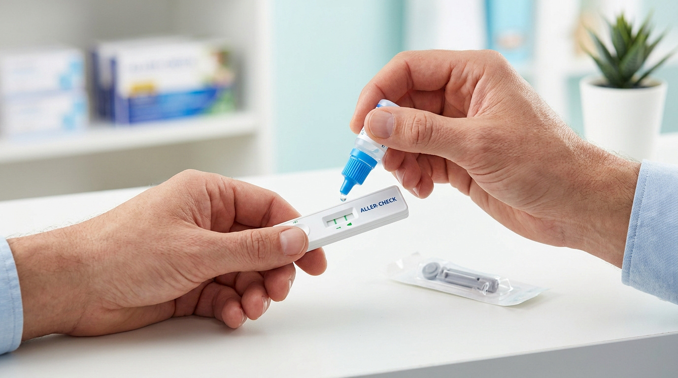 Une personne utilise un kit d'autotest d'allergie Aller-Check en déposant une goutte de réactif sur la cassette.