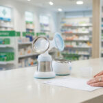 Tire-lait électrique posé sur le comptoir d'une pharmacie avec une ordonnance.