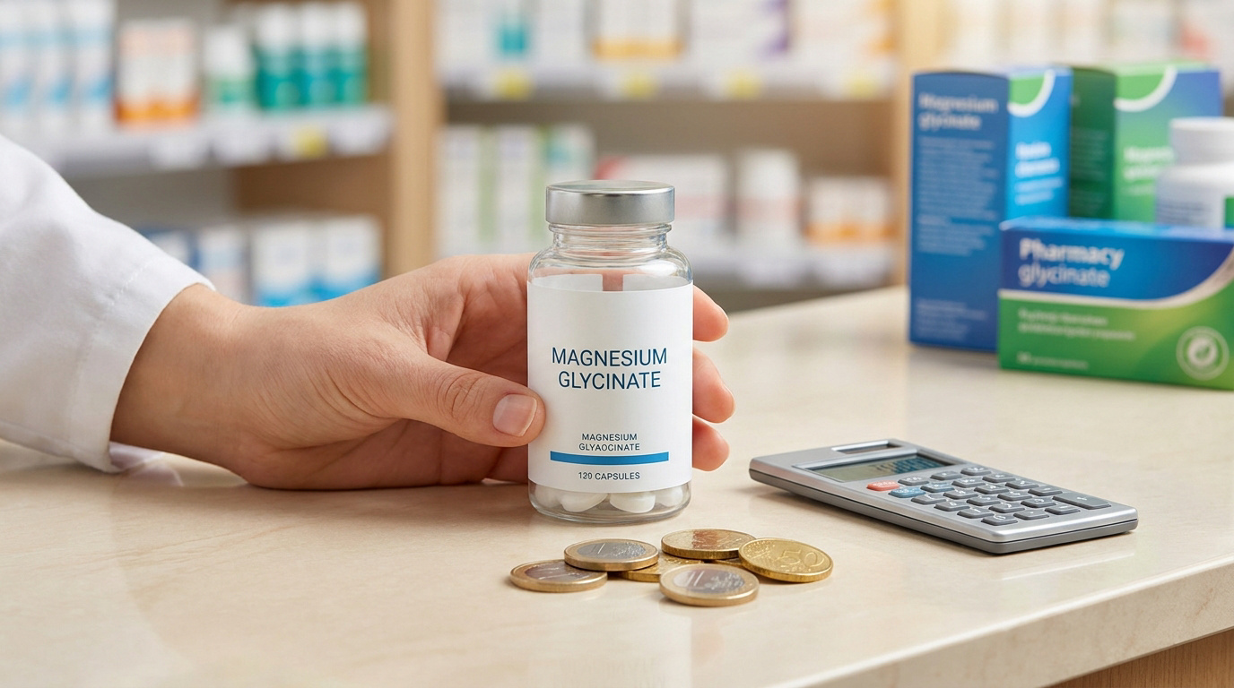 Main tenant un flacon de magnésium glycinate à côté de pièces de monnaie et d'une calculatrice en pharmacie.