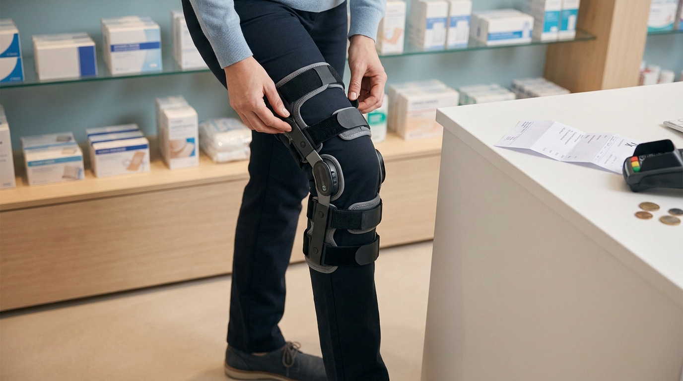 Une personne ajuste une genouillère articulée orthopédique dans une pharmacie avec des étagères de boîtes médicales.