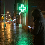 Une personne en capuche utilise un smartphone devant une pharmacie de nuit avec une croix verte lumineuse.