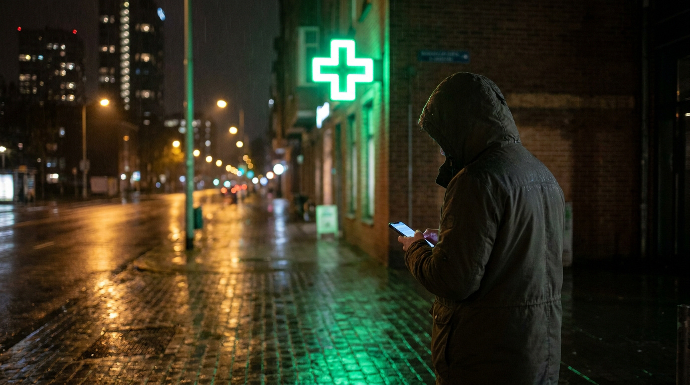 Une personne en capuche utilise un smartphone devant une pharmacie de nuit avec une croix verte lumineuse.