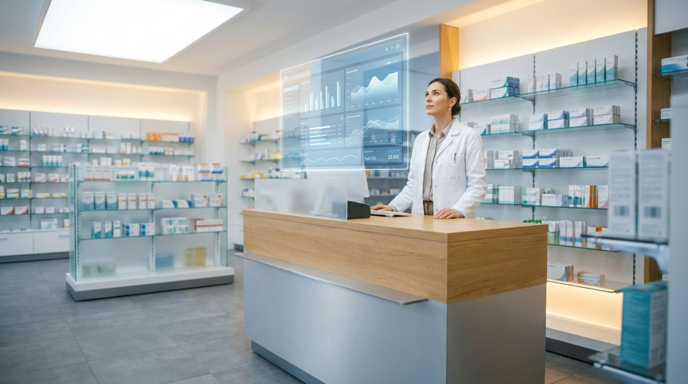 Une pharmacienne derrière un comptoir utilise une interface holographique affichant des données et tarifs de téléexpertise.