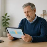 Homme age examinant des donnees sur une tablette
