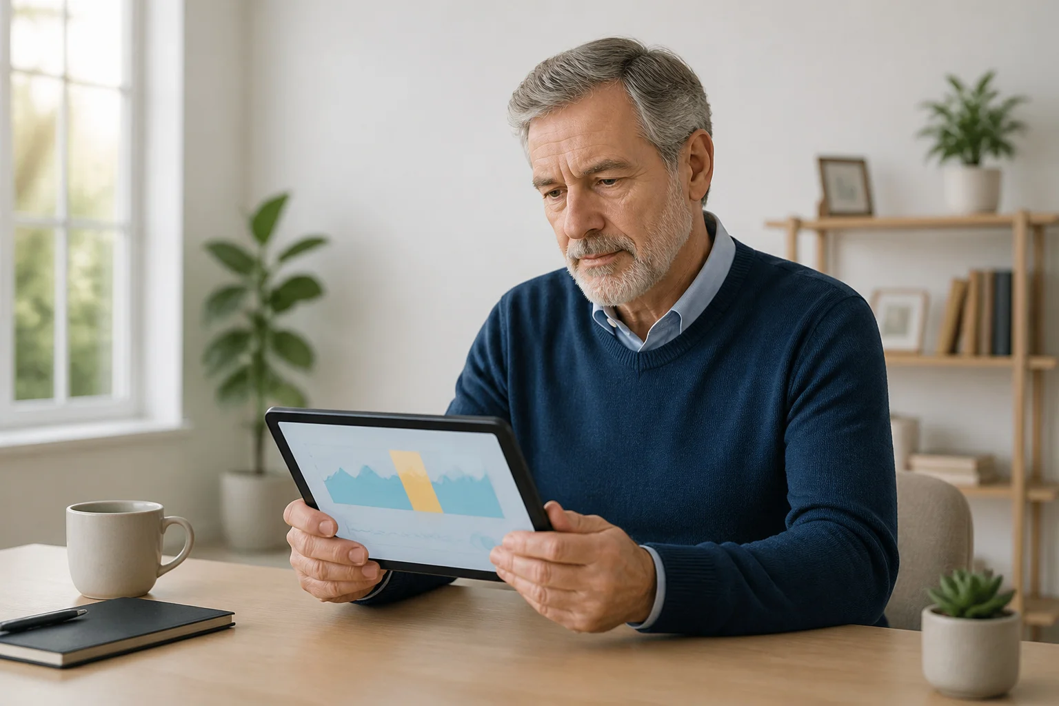 Homme age examinant des donnees sur une tablette