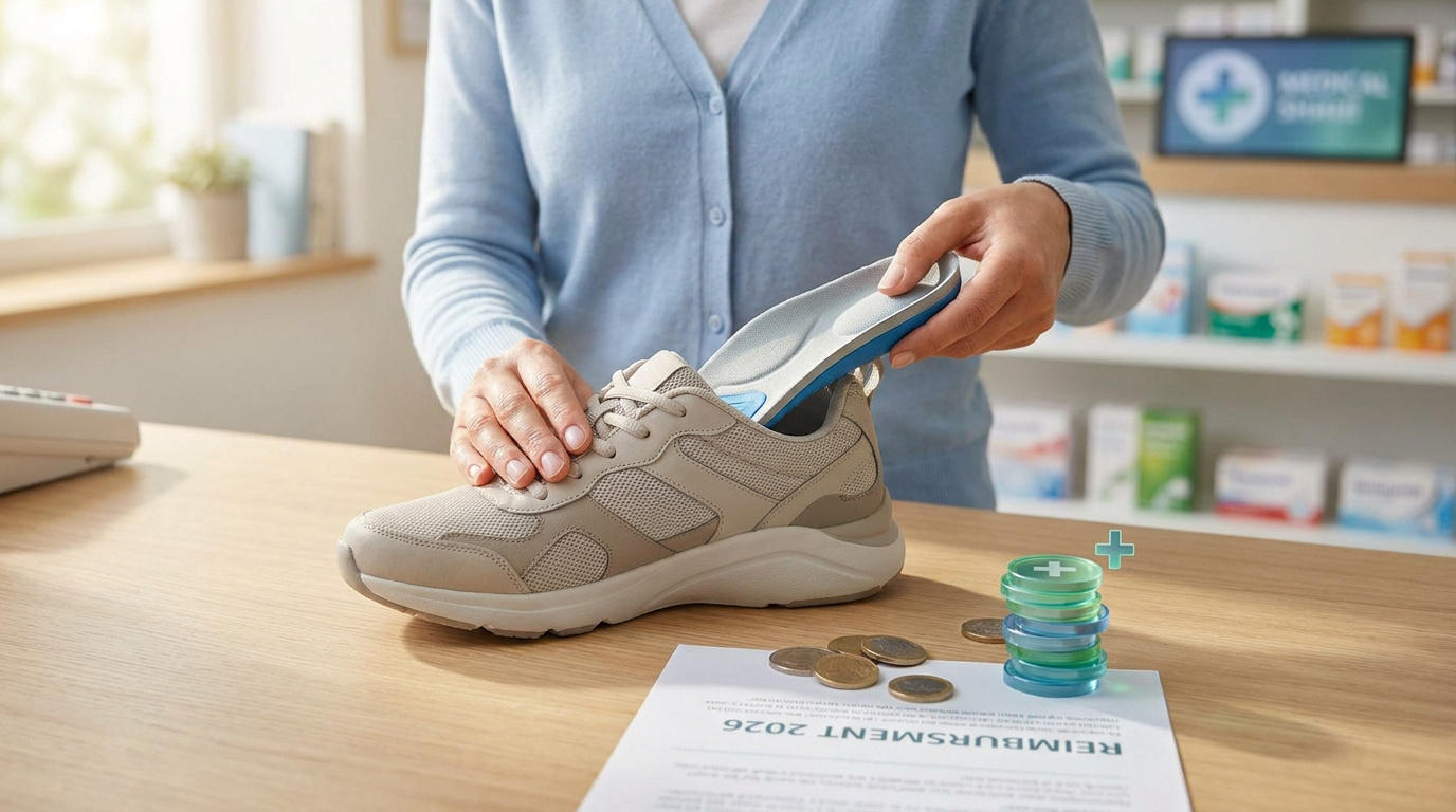 Personne insérant une semelle orthopédique dans une basket beige avec des jetons financiers sur un document.